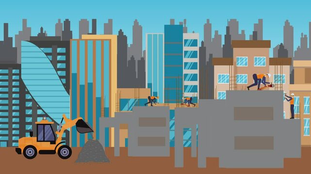 Construction site area, working on the edge of town with engineers and building machines animation