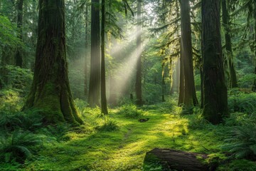 Obraz premium Sunlight filters through tall trees in a serene green forest setting