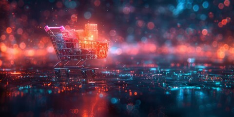 Glowing shopping cart filled with futuristic digital packages in a vibrant, abstract cyber environment