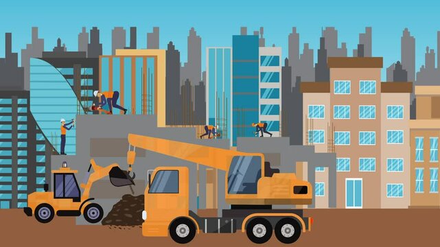 Construction site area, working on the edge of town with engineers and building machines animation