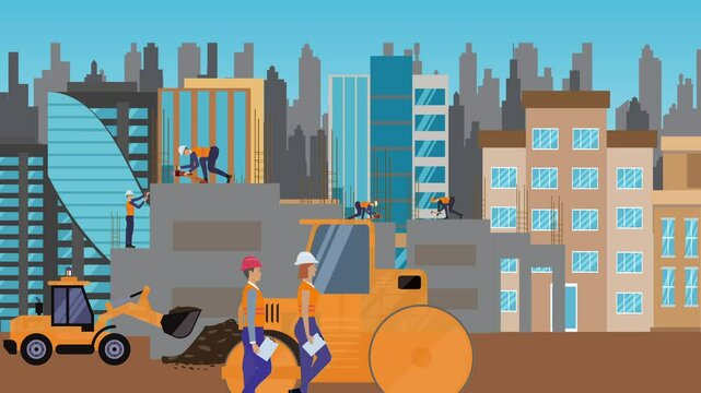 Construction site area, working on the edge of town with engineers and building machines animation
