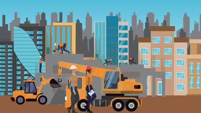 Construction site area, working on the edge of town with engineers and building machines animation