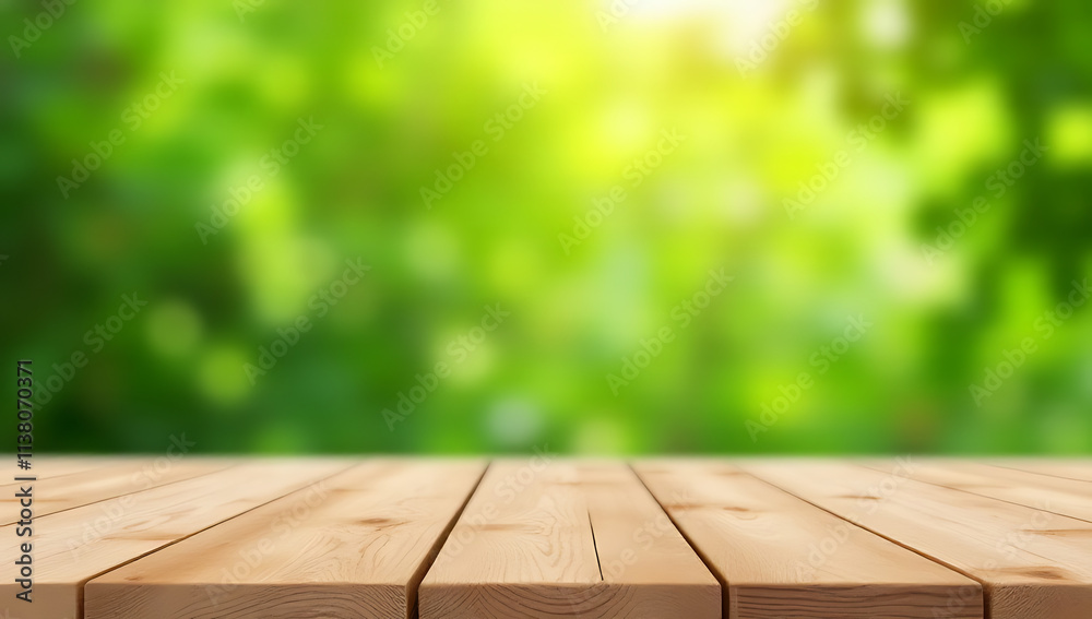Poster a wooden table top with a blurred bokeh of fresh green foliage from a garden setting suitable for pr