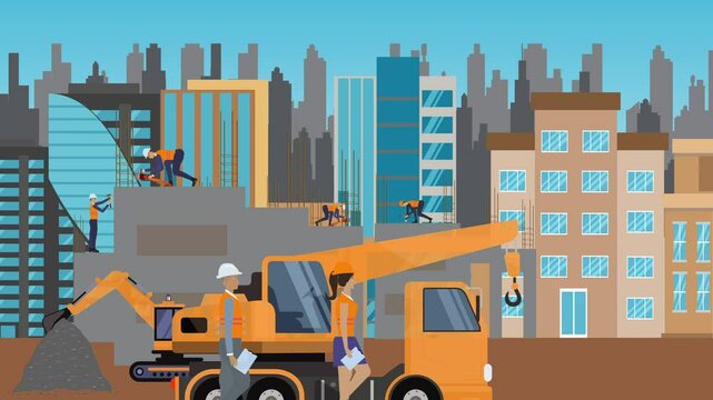 Construction site area, working on the edge of town with engineers and building machines animation