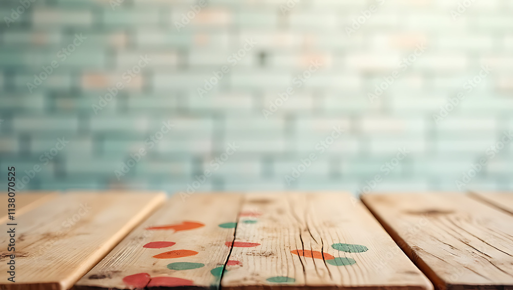 Poster A wooden table top features a colorful design against a subtle pastel colored brick background image._00003_