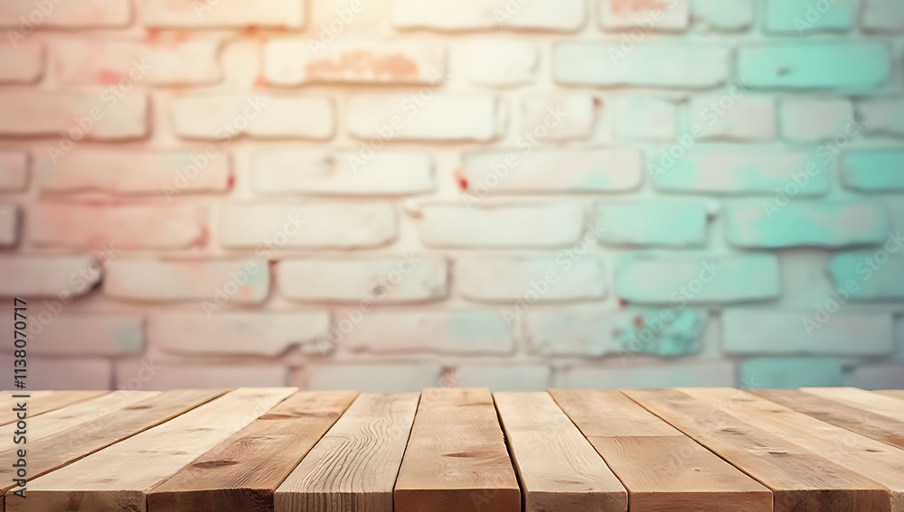 Poster a wooden table top features a colorful design against a subtle pastel colored brick background image