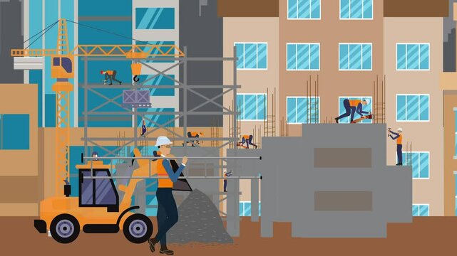 Construction site area, working on the edge of town with engineers and building machines animation