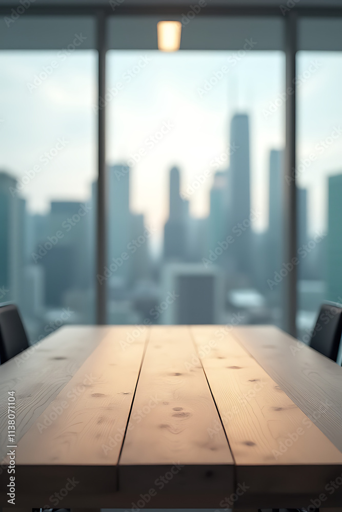 Aufkleber a wooden table sits empty in a blur of an office room with a view of the city skyline outside the wi