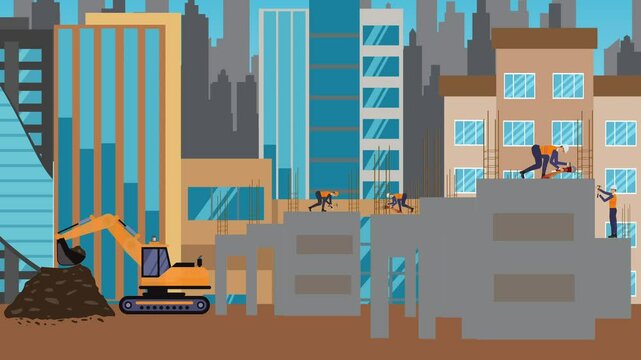 Construction site area, working on the edge of town with engineers and building machines animation