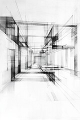 Fototapeta premium Abstract architectural sketch of an interior space, on a white background, with lines and blocks.