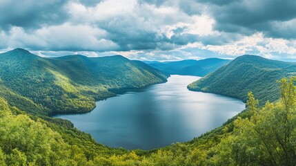 Obraz premium Scenic mountain lake surrounded by lush greenery and dramatic clouds in a tranquil high valley landscape perfect for nature lovers