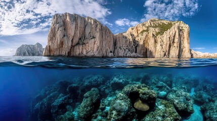 Stunning underwater split view showcasing rocky seascape beneath crystal clear waters with vibrant blue sky above