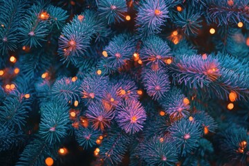 Close-up of vibrant pine branches adorned with warm glowing lights, creating a festive and magical winter atmosphere.