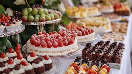 Delicious assortment of sweet desserts and pastries displayed on a festive table showcasing vibrant colors and rich flavors.