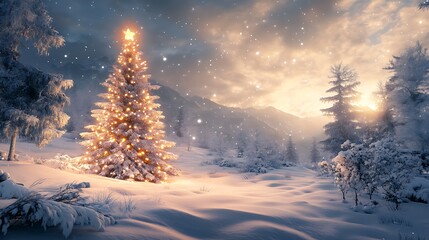 Christmas Tree With Shiny Baubles And Glowing Lights In Abstract Background