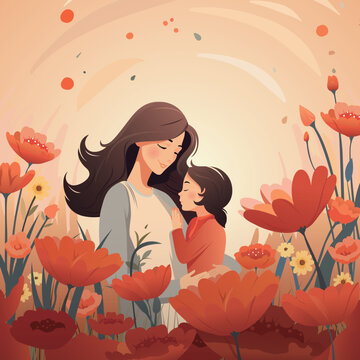 A mother and daughter in a floral illustration