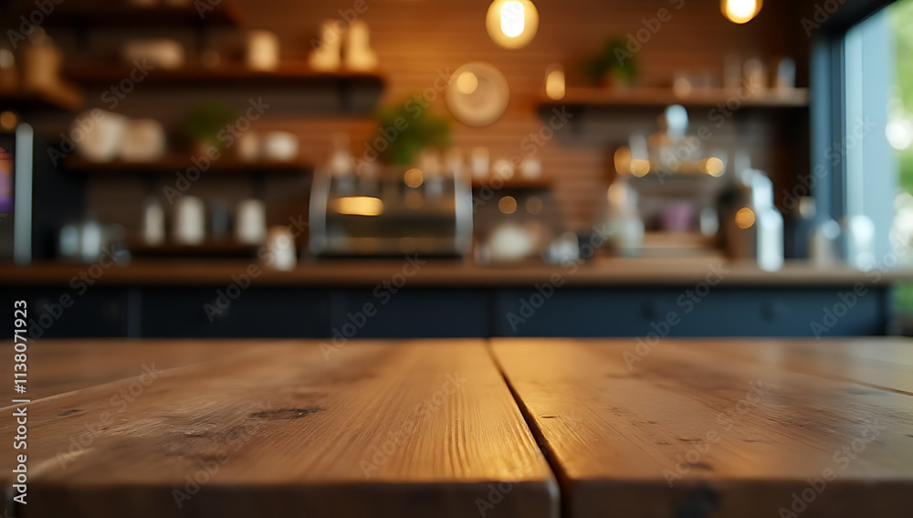 Poster a wood tabletop is partially obscured by a counter in a cafe shop with a lit light bulb as its backg