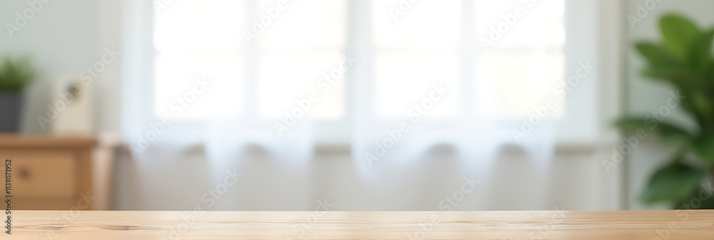 Poster a wood tabletop is partially hidden by a blurred white window with a faintly visible curtain in the 