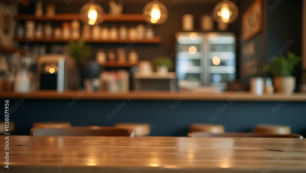 Poster a wood tabletop is partially obscured by a counter in a cafe shop with a lit light bulb as its backg