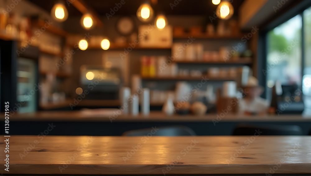 Poster a wood tabletop is partially obscured by a counter in a cafe shop with a lit light bulb as its backg