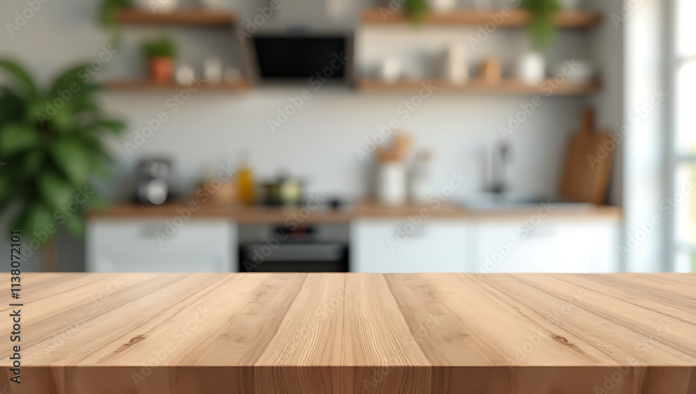 Poster A wood table top with a blurred kitchen counter in the background is in selective focus._00002_