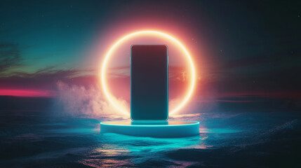 A smartphone on a neon podium with a bright circle in the background.