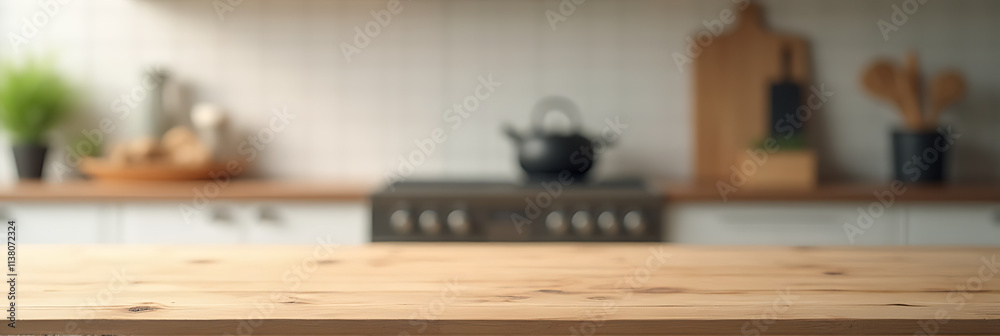 Poster a wood table top is featured against a blurred kitchen background for use in a product display or de
