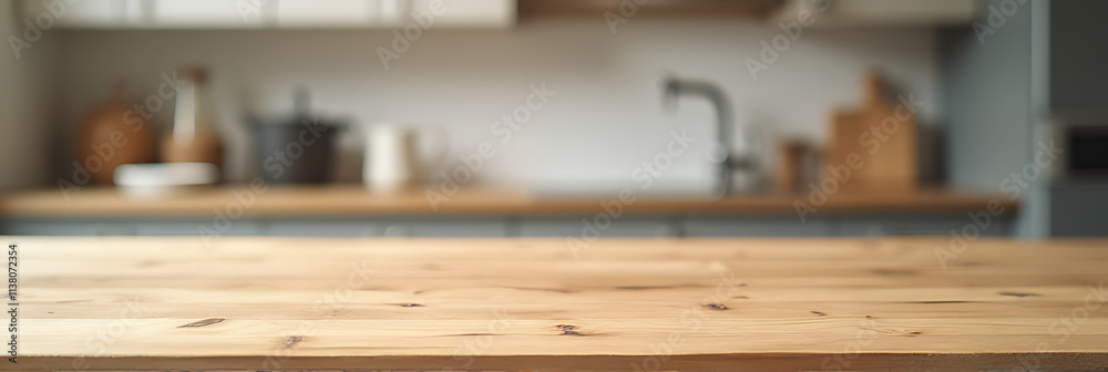 Poster a wood table top is featured against a blurred kitchen background for use in a product display or de