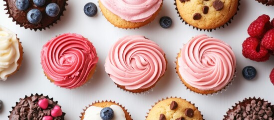 Delicious assorted baked goods featuring colorful cupcakes and cookies on a bright background for dessert lovers and pastry enthusiasts