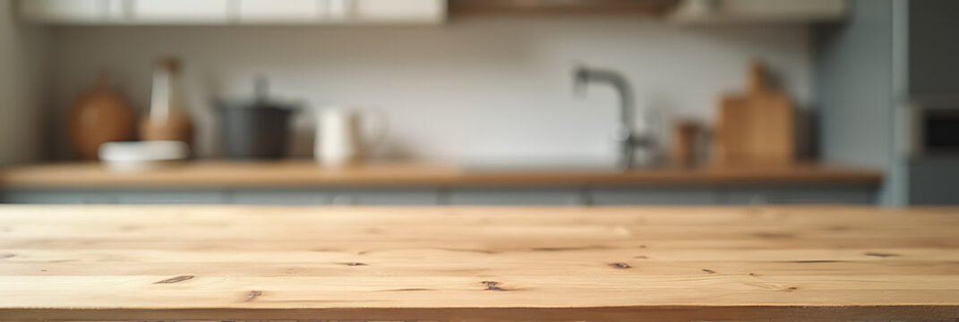 A wood table top is featured against a blurred kitchen background for use in a product display or design concept image._00002_