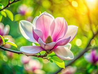 Spring's vibrant green backdrop showcases a blooming magnolia, its blossoms radiating delicate beauty.