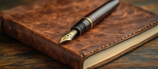 Brown leather journal and fountain pen on wood.