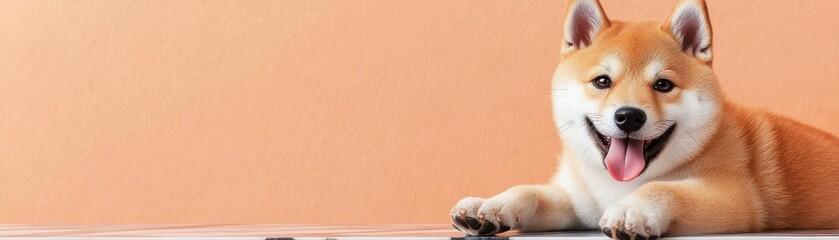 A cheerful Shiba Inu dog relaxing on a smooth surface with a playful expression.
