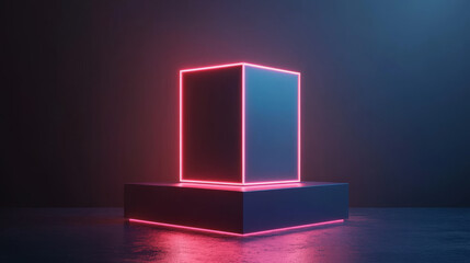 Blue pink neon 3d podium. Futuristic light stage for product display. Abstract glow platform in dark room with geometric led square for presentation. Realistic award pedestal for winner design