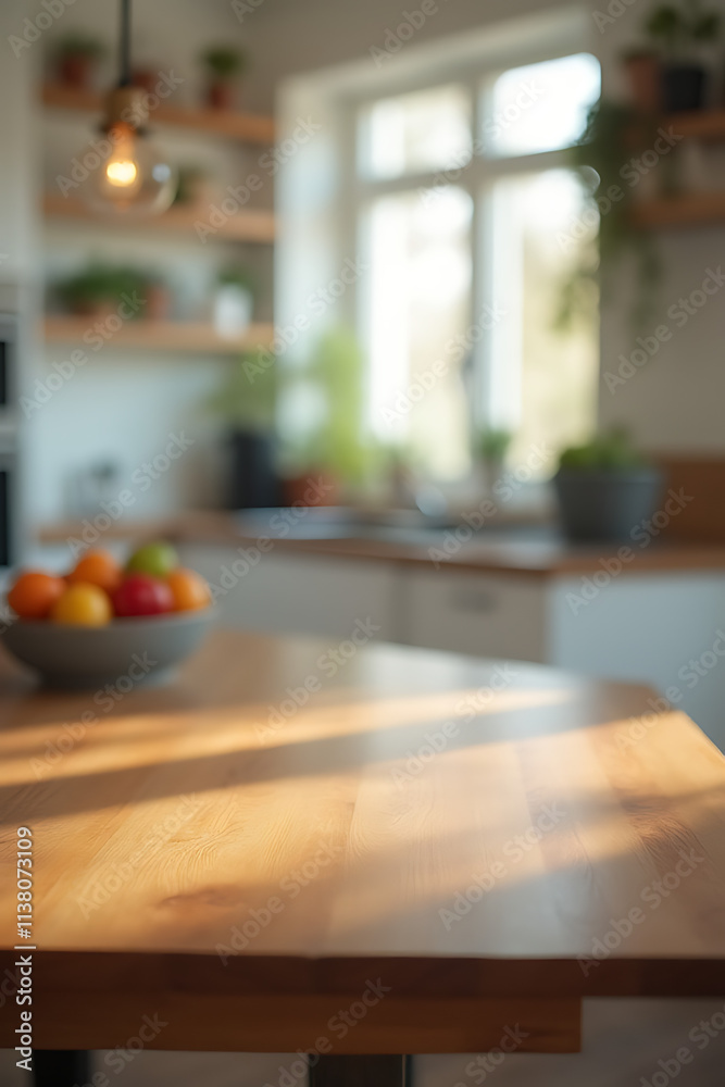 Poster a wood table sits atop a blurred kitchen counter with a room background visible through the haze of 