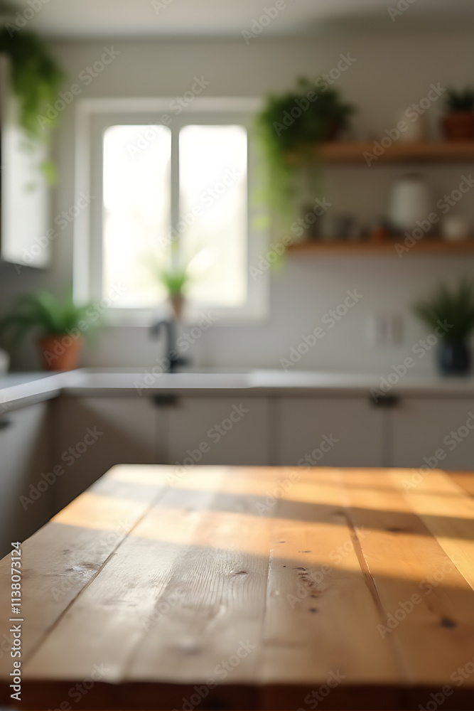 Poster a wood table sits atop a blurred kitchen counter with a room background visible through the haze of 