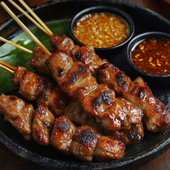 Grilled pork skewers served on sizzling plate with dipping sauces, showcasing delicious and appetizing presentation. Perfect for food lovers and gatherings