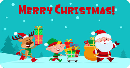 Santa Claus, Elf, and Reindeer Delivering Christmas Gifts in the Festive Christmas Night with ‘Merry Christmas’ Greeting