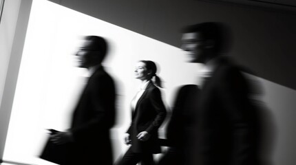 Blurred Motion in the Corporate World:  A dynamic trio of business professionals, dressed in suits, move with purpose and urgency, their forms blurred in a captivating motion.