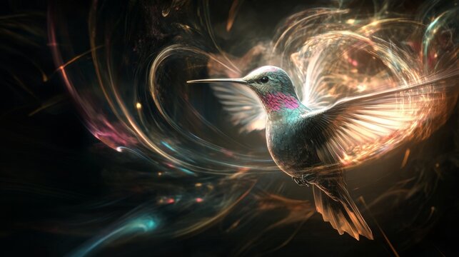 A digital hummingbird crafted from energy and light, darting through a world of swirling holographic shapes and creative digital artistry
