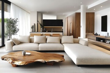 Modern Minimalist Living Room Design with Natural Wood Coffee Table