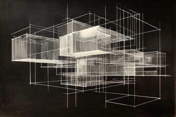 Abstract architectural sketch on a black background, with white lines floating in a three-dimensional structure in space