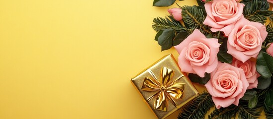 Pink roses with a golden gift box on a soft yellow backdrop ideal for promoting gifts and special occasions with ample copy space