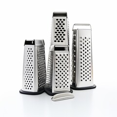 The image shows stainless steel graters with black handles isolated on a white background. The graters are all different sizes and have different grating surfaces.