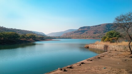 Scenic view of a serene dam surrounded by mountains and clear blue skies in a tranquil natural landscape