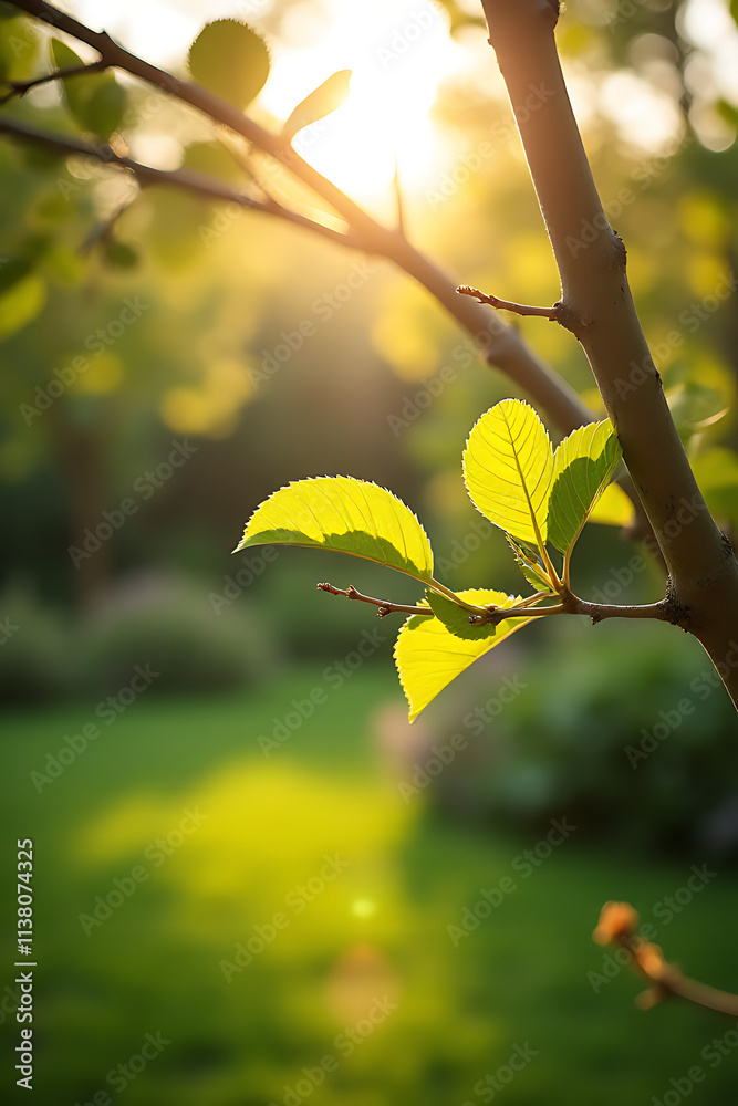 Poster a tree branch is visible in a sunny garden background with natural elements reflecting morning light