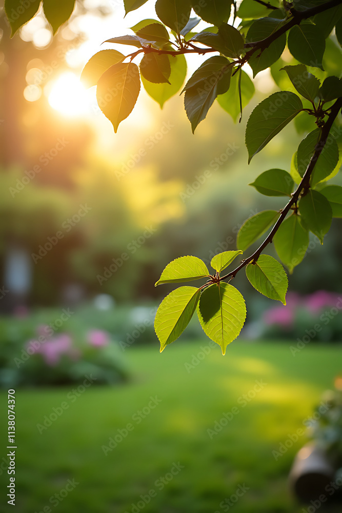 Poster a tree branch is visible in a sunny garden background with natural elements reflecting morning light