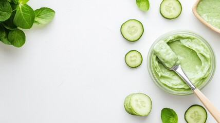 Obraz premium Cucumber cream applied with a spatula for skincare. Fresh green vegetable for beauty and cosmetic.
