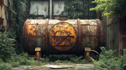 Fototapeta premium Rustic vintage gas tank surrounded by lush greenery in an abandoned industrial setting with dramatic textures and colors.