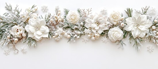 Elegant holiday floral arrangement with white flowers and greenery on a white background for seasonal greeting or text overlay usage